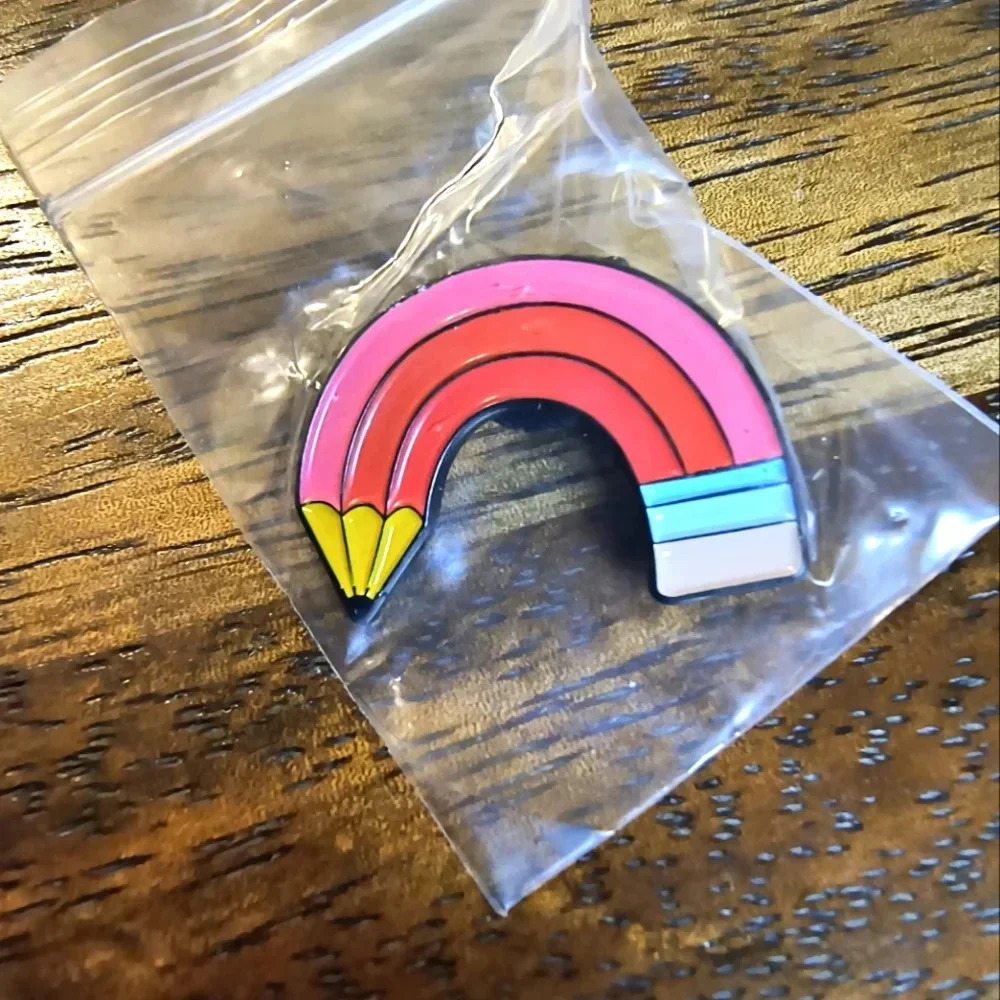 Red pink yellow rainbow pencil enamel pin backpack clothes hat denim bag cap